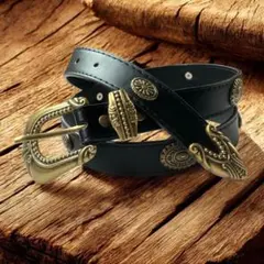 ヴィンテージ風 レザーベルト ブラック×ゴールド装飾 真鍮調バックル