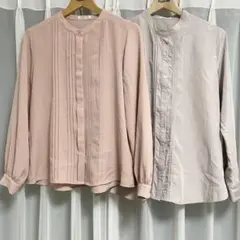タック入り長袖ブラウス ピンクM グレージュＬ　2枚セット