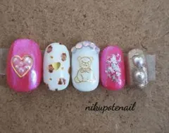ネイルチップ　クマ　クロムパウダー　キラキラ　ヒョウ柄　ハート　パール　ピンク