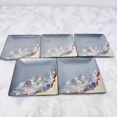 陶彩　蝶友禅　高級 陶器 角小皿 5客セット 金彩 銀彩 波文様 和モダン 希少