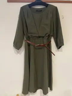 オリーブカラー 七分袖ワンピース ベルト付き