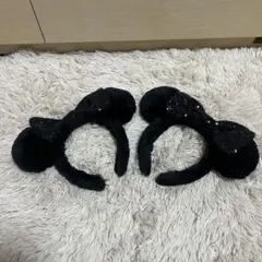 ディズニーリゾート ミニー カチューシャ 黒 スパンコール ふわふわ 2個セット