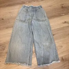 ライトブルー デニム ワイドパンツ フリンジ裾のサムネイル