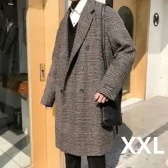 メンズ チェスターコート ロングコート 千鳥格子 コーヒー色 厚手 防寒 XXL