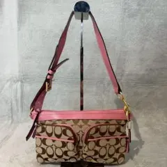 Coach コーチ シグネチャー ショルダーバッグ ポケット チャーム ピンク
