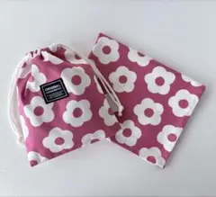 給食袋&ランチョンマットセット　 北欧調　大きなお花　ピンク　ハンドメイド