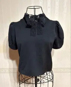 黒 パフスリーブカットソー レースリボン付き 上品ガーリー コンパクト丈