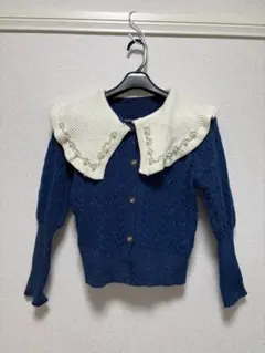 ネイビー ニットカーディガン 襟付き
