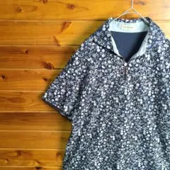 Hush Puppies　ポロシャツ　花柄　総柄　紺　ネイビー　通気性　犬　刺繍