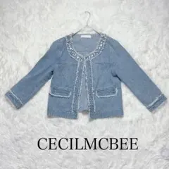 セシルマクビー ビジュー付 Mデニムジャケット Gジャン フリンジ ノーカラー