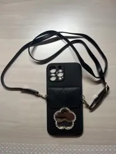 iPhone用 ブラック ケース ストラップ付き　13Pro Max
