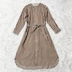 メルローズクレール ストライプ ノーカラー ロング シャツワンピース ベルト