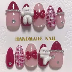 【現品】ネイルチップ/ツイード/赤/ピンク/犬/うるちゅる