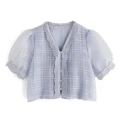 GRL、グレイル♡チェック柄シアーレースブラウス＊M＊水色、ブルー