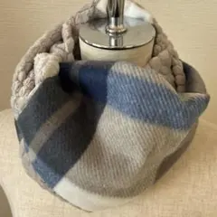 人気❤️ブルー　チェック❤️ジャガード　ボア　フリース　スヌード　マフラー　グレー