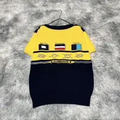 【フロリダキーズ】半袖ニット ネイビー イエローF刺繍ワッペン 金ボタン【美品】のサムネイル
