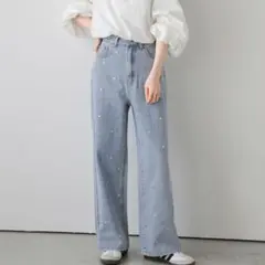 ハート柄　ライトブルー　ストレートデニムパンツ M