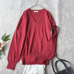 美品(L)毛混/ハイゲージニット/セーター/Vネック/プルオーバー/袖リブ