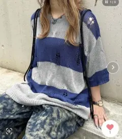 sedacle ダメージボーダーニット 半袖 ネイビーグレーのサムネイル