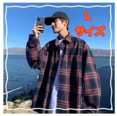 ネイビーチェックシャツ メンズ Lサイズ カジュアル 羽織り 韓国ファッション