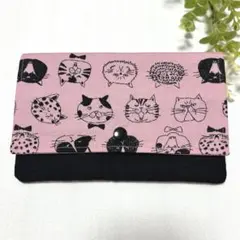ハンドメイド マルチケース 通帳 お薬手帳 母子手帳 猫 ねこ 柄 ピンク