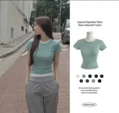 amood ミントグリーンBOKPLACE 半袖 Tシャツ スパンデックス