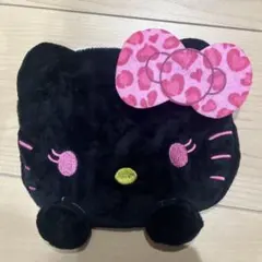Hello Kitty フェイス型ポーチ ブラック ピンクヒョウ柄リボン