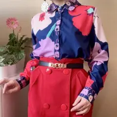 花柄 派手 カラフル 原色 シャツブラウス レトロ ヴィンテージ 紺 赤 薄紫