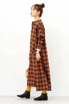 チェック柄　長袖　ロングシャツワンピース　マキシワンピ　ネルシャツ