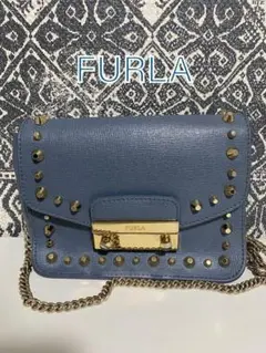 【良品】FURLA フルラ ジュリア レザー スタッズ ショルダーバッグ ブルー