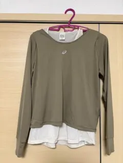 asics オリーブ色 長袖 レイヤード トップス