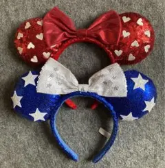ディズニー　カチューシャ　スパンコール　青　星　白　ブルー　赤　ハート　レッド