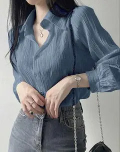シワ加工 長袖シャツ ブルー