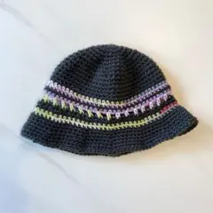 ハンドメイド バケットハット　クラッシャーハット　クロシェハット　チャコール