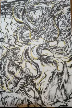 【龍虎図】筆ペン絵画