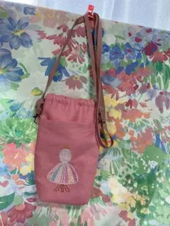 サコッシュ　ミニポシェット スマホショルダー　刺繍入リネン　紐本革　ハンドメイド