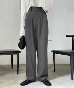 Lサイズ　ミームセレクト　太ベルトハイウエストカラータックスラックス　グレー