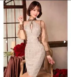 Dazzy フロントジップシアーチェック長袖タイトミニドレス