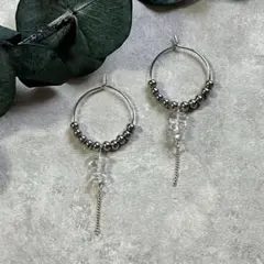 天然石クリスタル&STビーズ ミディアム　21.5mmフープピアス