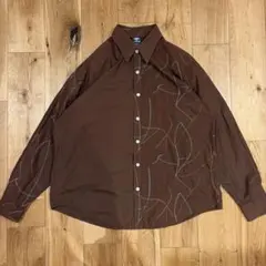 古着　刺繍入りコットンシャツ　衿芯　ブラウン