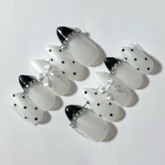 現品❤︎ブラックフレンチ×ドット ネイルチップ 韓国 ワンホン　リボン　スナ系