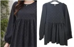 ドット柄ペプラムトップス パフスリーブ フリル カットソー 長袖 ブラック