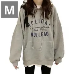 М パーカーレディース長袖 ゆったり大きいサイズ グレーロゴ薄手 オーバーサイズ