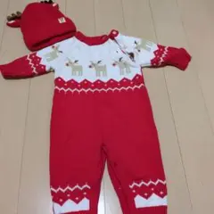 赤いトナカイ柄ロンパース・帽子セット