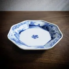 皿　八角皿　古伊万里　山水　風景　五弁花　染付　訳あり　欠け
