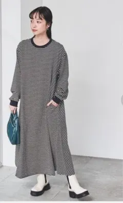 coen 完売品　新品　USAコットンレトロボーダーフレアマキシワンピース