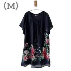 1041 レディース半袖ブラウスMサイズネイビー花柄薔薇シアーカジュアル