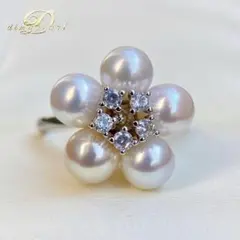 本真珠淡水無核パール　ホワイト5.6-5.9㍉お花モチーフリングY1120