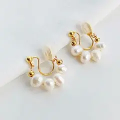 パール イヤリング 4粒 フープ バロックパール イヤーカフ 痛くない ゴールド