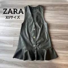 ZARA ザラ　フェイクレザー フリル ジャンパースカート カーキ XS